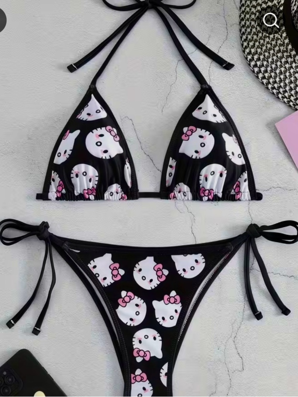 Black Hello Kitty Print Triangle Bikini Set - Pink & White Accents